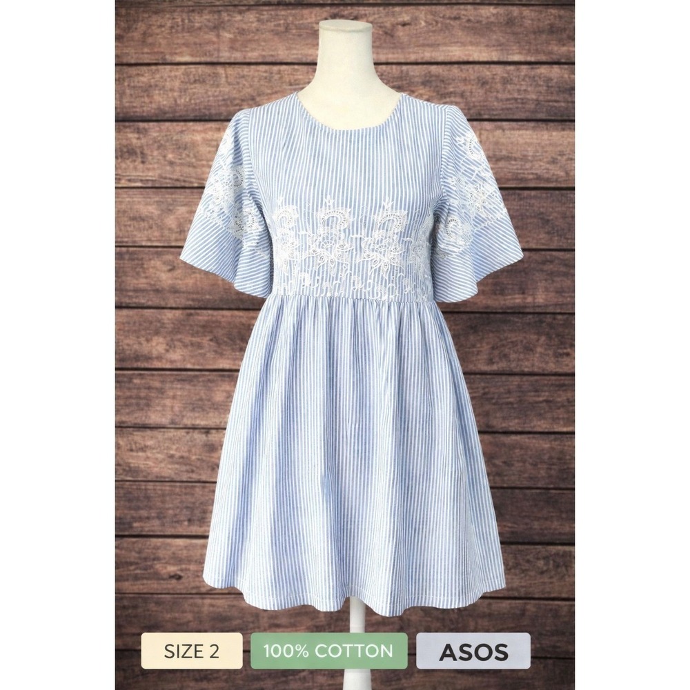 ASOS‎ size 2 blue white strip lace baby doll dress cotton cottagecore mini